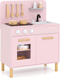 Cucina Giocattolo con Fornelli a Suoni e Luci Reali, Cucina per Bambini in Legno con Lavandelo Estrabile, Rubinetto e Forno, Set Cucina con 11 Accessori, 55 x 31 x 75 cm (Rosa)