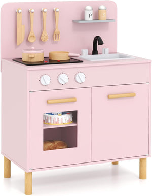 Cucina Giocattolo con Fornelli a Suoni e Luci Reali, Cucina per Bambini in Legno con Lavandelo Estrabile, Rubinetto e Forno, Set Cucina con 11 Accessori, 55 x 31 x 75 cm (Rosa)