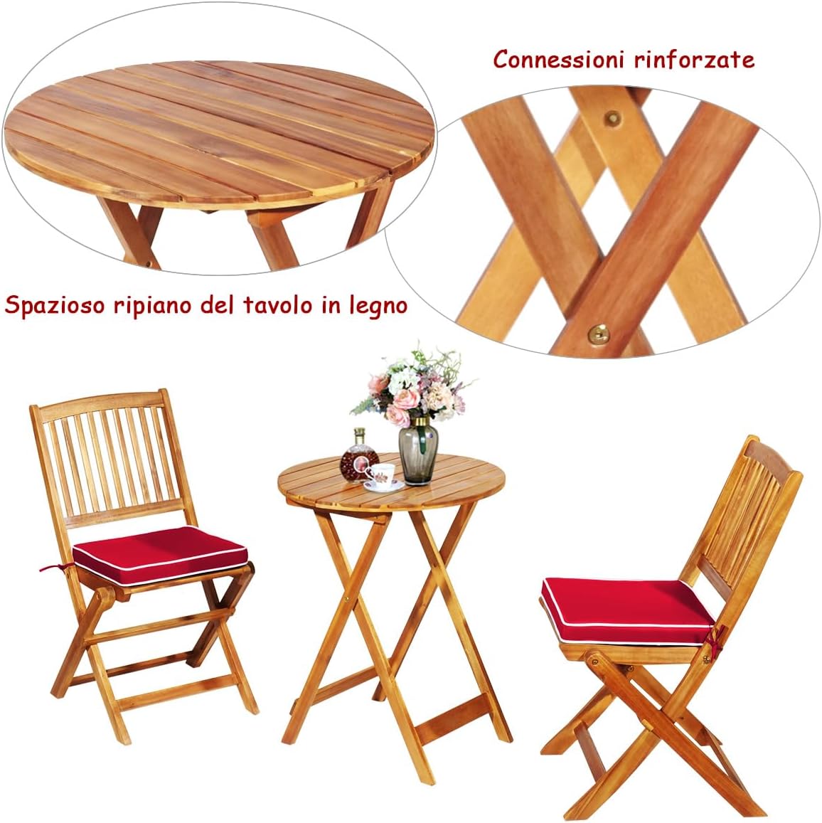 Set Tavolo e Sedie da Giardino, Set Mobili da Giardino Pieghevoli 3 Pezzi in Legno di Acacia, con Cuscini, Arredo Giardino per Giardino Terrazzo Balcone (Cuscini Rossi)