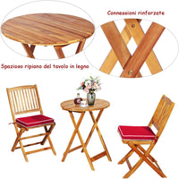 Set Tavolo e Sedie da Giardino, Set Mobili da Giardino Pieghevoli 3 Pezzi in Legno di Acacia, con Cuscini, Arredo Giardino per Giardino Terrazzo Balcone (Cuscini Rossi)