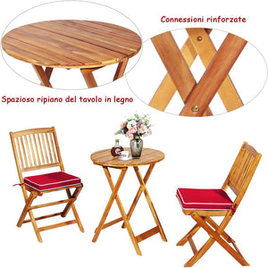 Set Tavolo e Sedie da Giardino, Set Mobili da Giardino Pieghevoli 3 Pezzi in Legno di Acacia, con Cuscini, Arredo Giardino per Giardino Terrazzo Balcone (Cuscini Rossi)