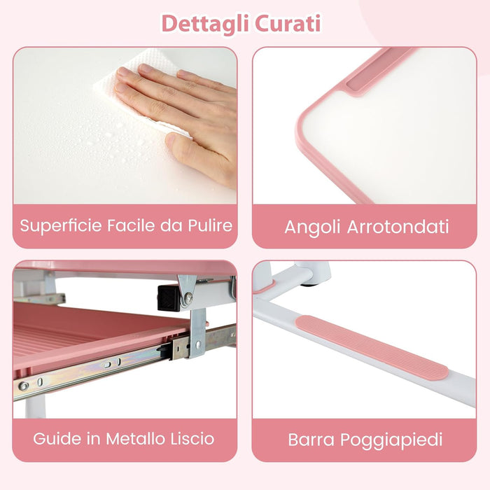 Set di Scrivania e Sedia per Bambini 3+ Anni, Scrivania Regolabile in Altezza con Piano Inclinabile, Supporto per Libri & Barra Poggiapiedi e Sedia Ergonomica, Ideale per Disegno (Rosa)