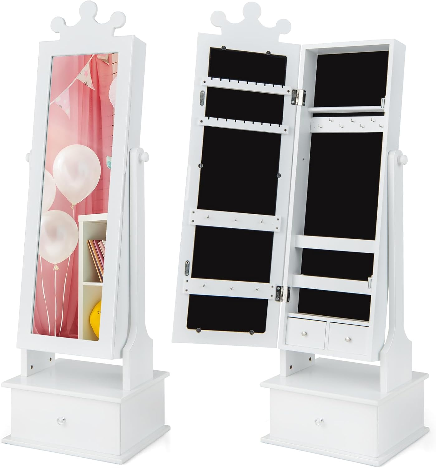 Armadio Gioielli per Bambini con Specchio, Armadietto Portagioie da Terra per Bambini con 3 Cassetti, per Bambini 3+ Anni, Ideale per Camera da Letto (Bianco)