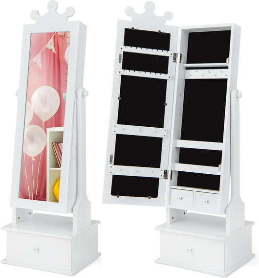 Armadio Gioielli per Bambini con Specchio, Armadietto Portagioie da Terra per Bambini con 3 Cassetti, per Bambini 3+ Anni, Ideale per Camera da Letto (Bianco)