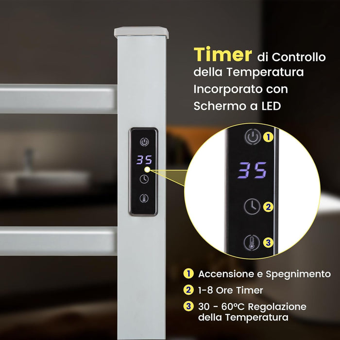 Scaldasalviette Riscaldato, con 6 Barre Riscaldate e Timer, Scaldasalviette Elettrico con Display LED Protezione Contro Surriscaldamento e Costante della Temperatura, in Alluminio