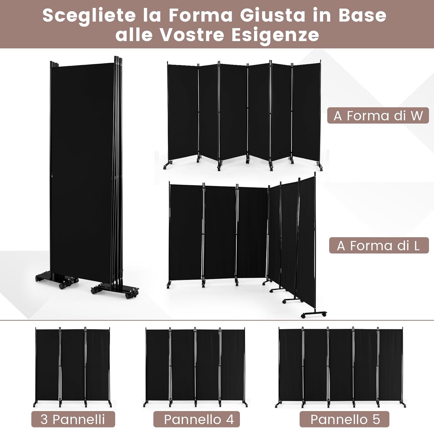 Paravento da Interno in Metallo, Separé Divisorio Interno Pieghevole con Piedini Stabili, Pannelli Divisori per Interni per Casa e Ufficio (Nero, 334,5 x 172 cm (6 Pannelli con ruote))