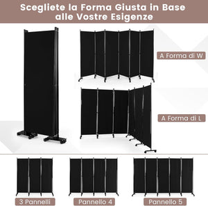 Paravento da Interno in Metallo, Separé Divisorio Interno Pieghevole con Piedini Stabili, Pannelli Divisori per Interni per Casa e Ufficio (Nero, 334,5 x 172 cm (6 Pannelli con ruote))