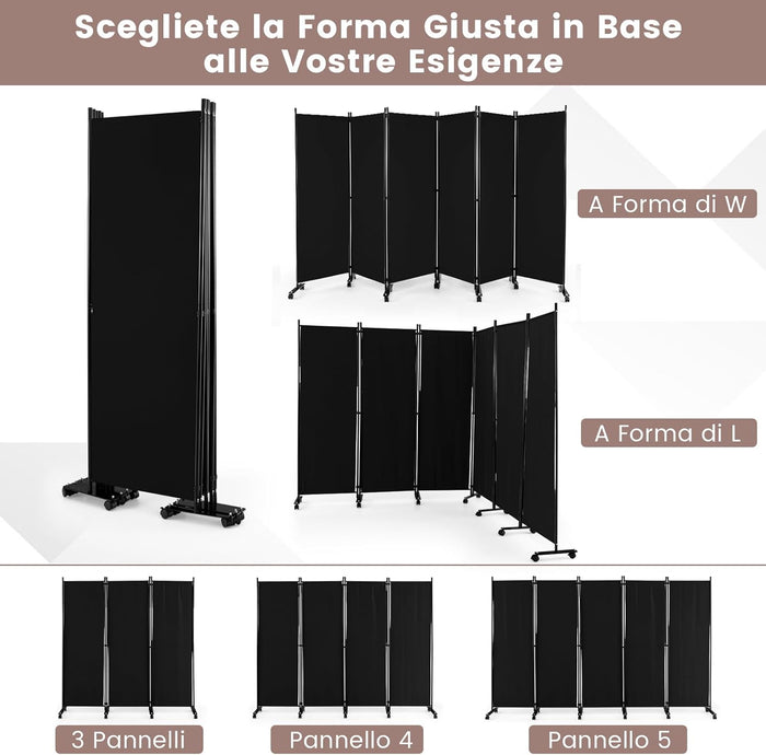Paravento da Interno in Metallo, Separé Divisorio Interno Pieghevole con Piedini Stabili, Pannelli Divisori per Interni per Casa e Ufficio (Nero, 334,5 x 172 cm (6 Pannelli con ruote))