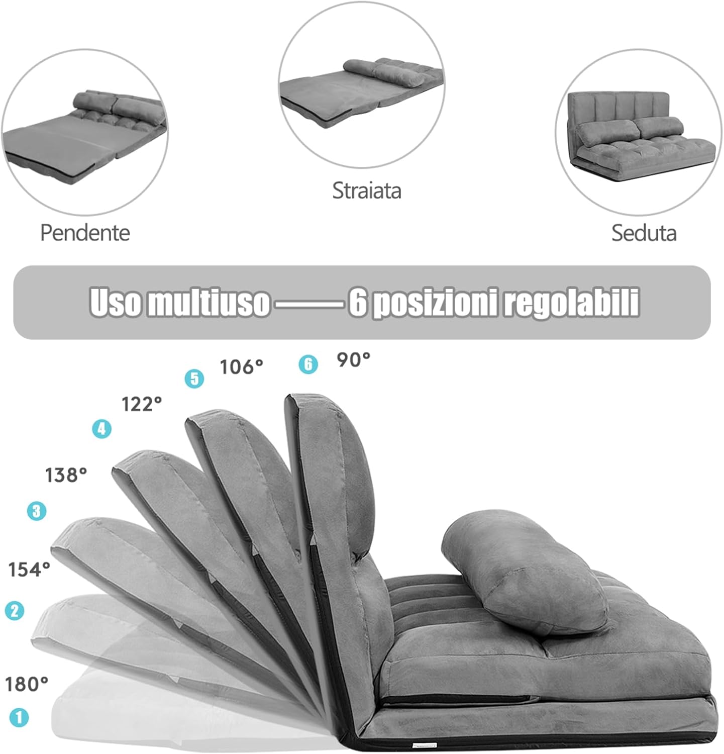 Divano Letto da Terra con 2 Cuscini, Divano Letto Pieghevole con Schienale Regolabile a 6 Livelli, Ideale per Camera da Letto e Soggiorno (Grigio)