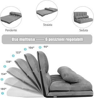 Divano Letto da Terra con 2 Cuscini, Divano Letto Pieghevole con Schienale Regolabile a 6 Livelli, Ideale per Camera da Letto e Soggiorno (Grigio)