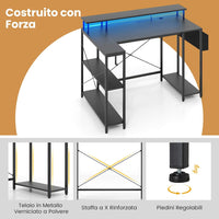 Scrivania Angolare da Gaming, Scrivania Salvaspazio a Forma di L con Luci LED, Stazione di Ricarica, Ripiani e Supporto per Monitor, Scrivania ad Angolo per Casa e Ufficio (Nero)