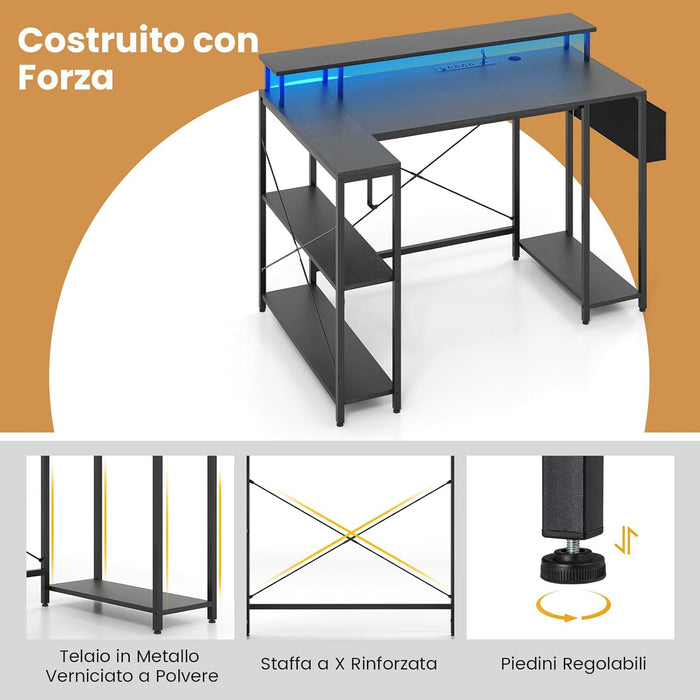 Scrivania Angolare da Gaming, Scrivania Salvaspazio a Forma di L con Luci LED, Stazione di Ricarica, Ripiani e Supporto per Monitor, Scrivania ad Angolo per Casa e Ufficio (Nero)