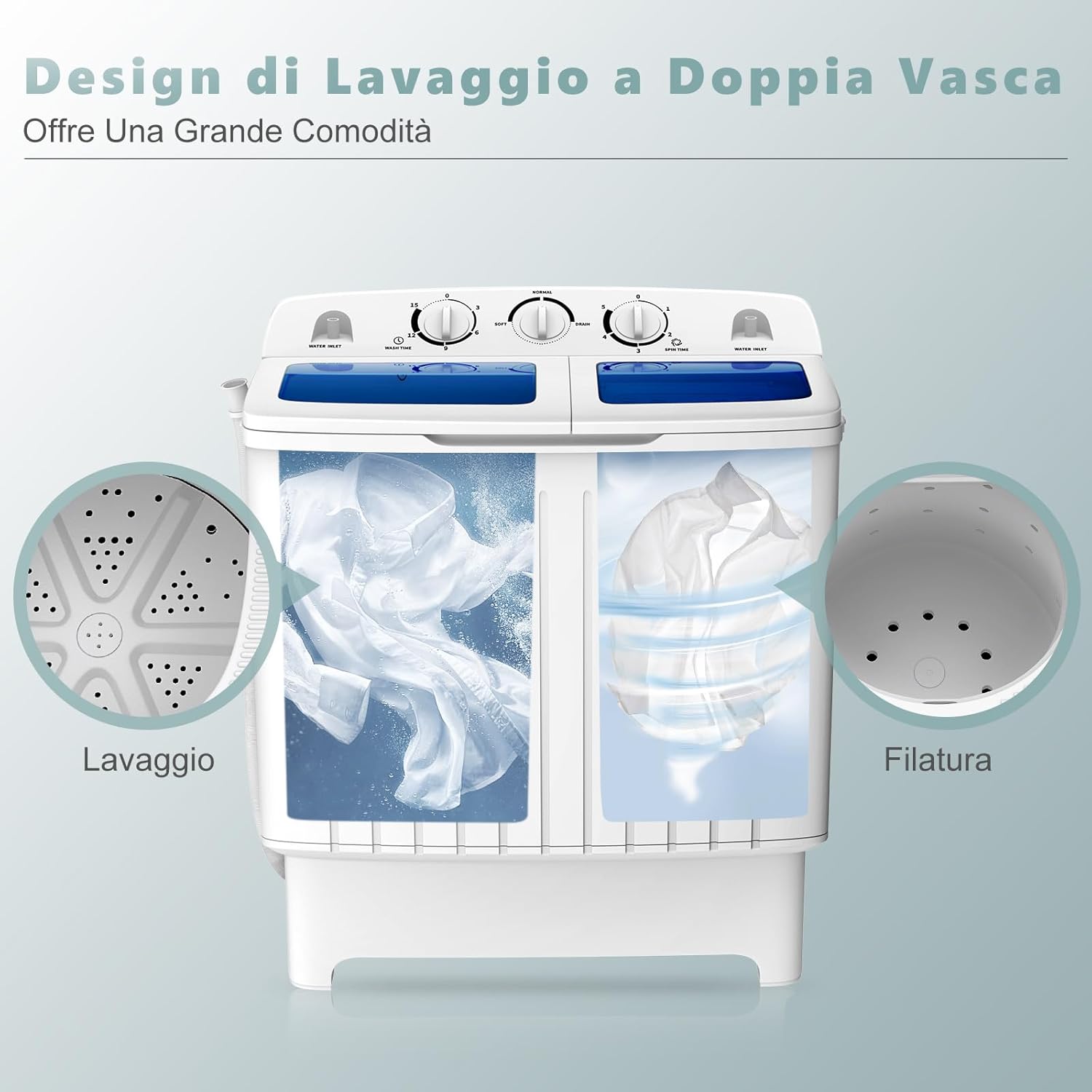 Lavatrice a Doppia Vasca, Lavatrice a Doppio Cestello con Lavaggio (5 kg) e Filatura (3 kg), Lavatrice Compatta Mini per Campeggio, Appartamenti, 64 x 36 x 72 cm, Bianco