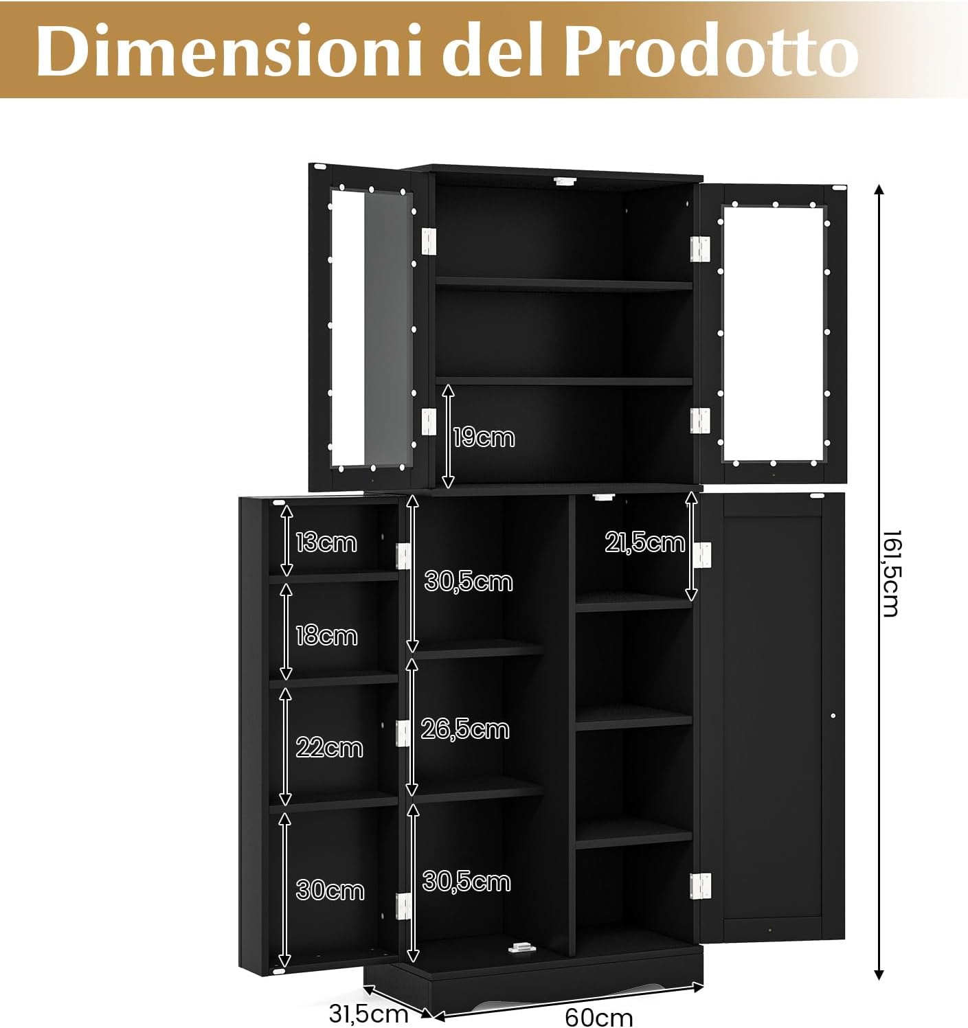 Credenza da Cucina, Dispensa da Cucina con Doppia Porta in Vetro Temperato, Design Antiribaltamento, Ideale per Soggiorno Sala da Pranzo e Cucina, 60x31,5x161,5 cm (Nero)
