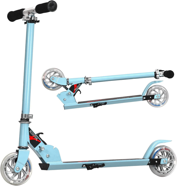 Scooter pieghevole Monopattino per bambini, regolabile in altezza, con 2 ruote lampeggianti, Scelta a colori (Azzurro)