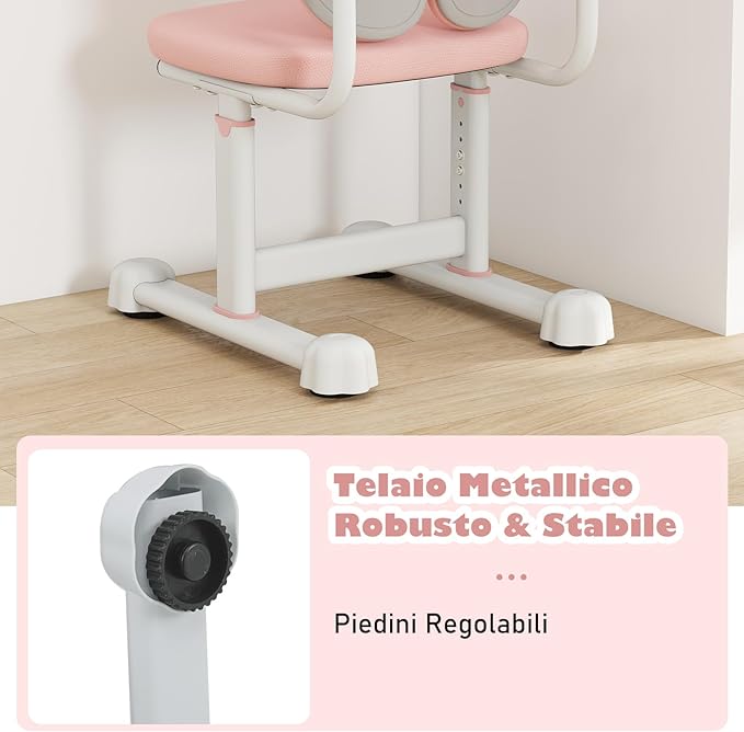 Sedia da Scrivania per Bambini 3+ Anni, Sedia Imbottita per Studiare con Doppio Supporto Lombare e Altezza Regolabile, Chair da Compiti per Casa e Scuola, Portata 100 kg (Rosa)