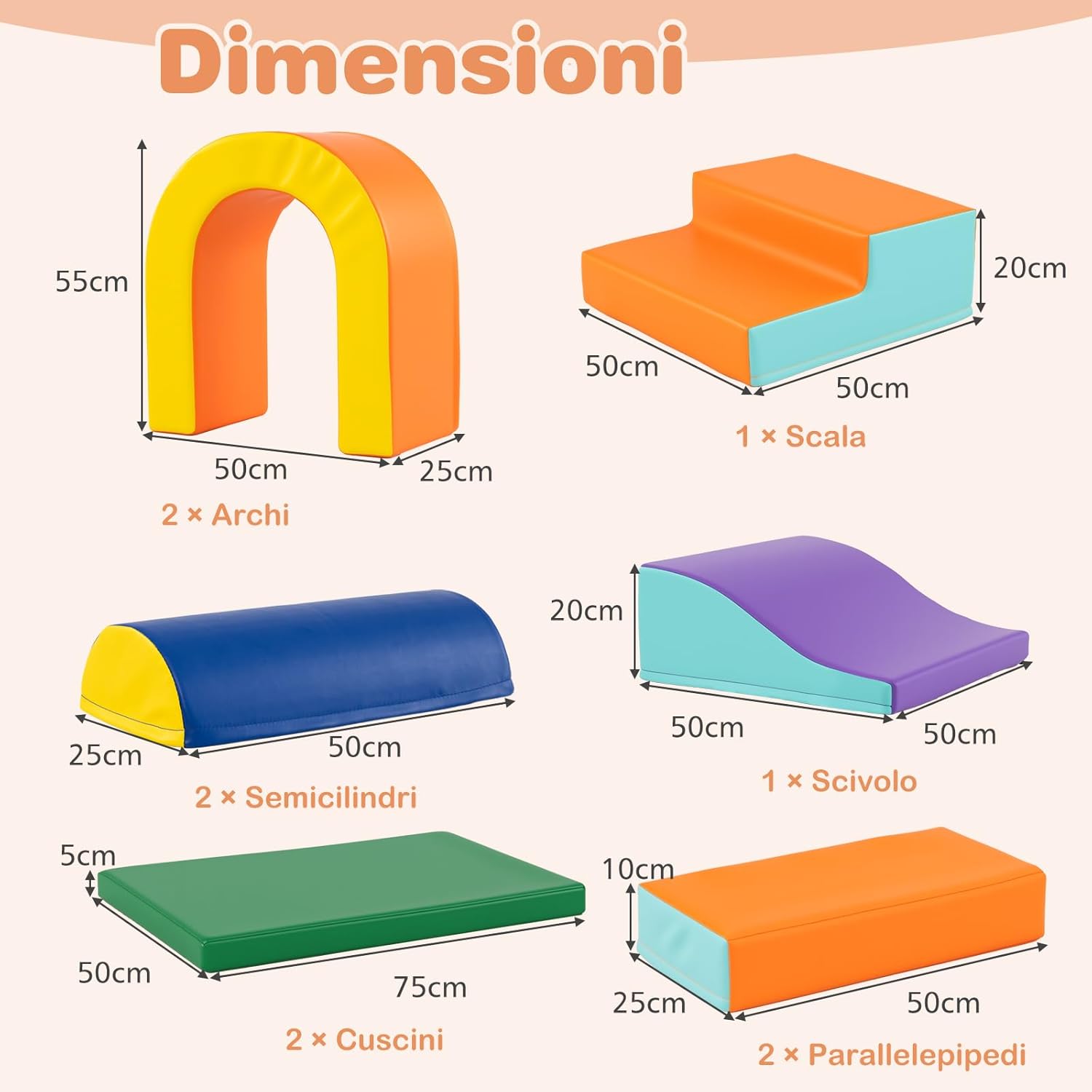 Set di 10 Blocchi da Arrampicata in Schiuma, Palestra da Gioco in Morbida Pelle Sintetica, Strutture Leggere per Scalare, Arrampicarsi, Scivolare, per Bambini 1+ Anno (Arancione)