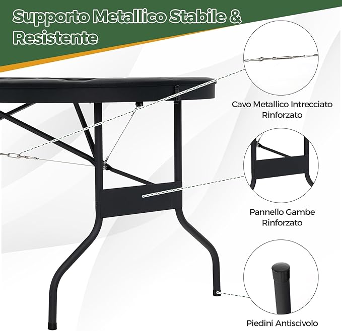 Tavolo da Poker Pieghevole 182 cm per 8 Giocatori, Tavolo da Gioco Ovalo con Supporti per Bicchieri, Rivestimenti Imbottiti, per Blackjack, Texas Hold’em, Giochi da Casinò (Nero)