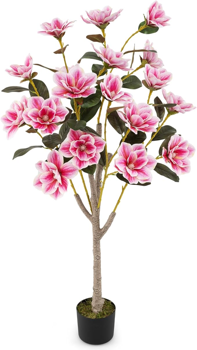 Albero di Magnolia Artificiale 130 cm, Pianta Finta con Foglie in PEVA, Tronchi Multi-ramo, Muschio Realistico, Pianta Finta in Vaso da Interno per Ristorante, Salotto e Ufficio