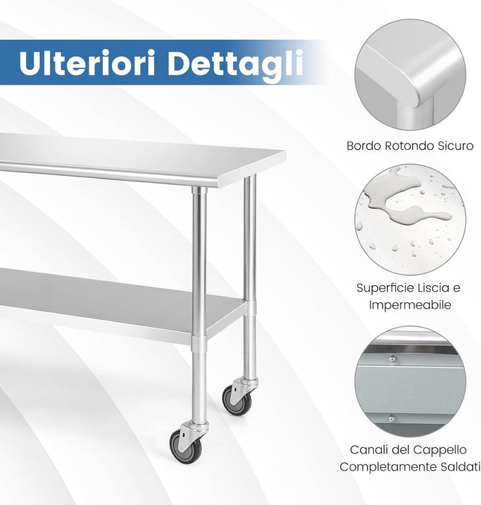 Tavolo da Lavoro in Acciaio Inox, con 4 Ruote Bloccabili Gambe Zincate e Ripiano Regolabile, Tavolo Multiuso per Cucina Ristorante e Lavanderia, 122 x 61 cm, Argento