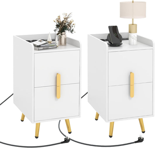 Comodino con Stazione di Ricarica, Comodino con 2 Cassetti, 2 Porte USB e 3 Prese, Tavolino Leterale con Gambe in Metallo, Portata Tolate 20 kg, 32 x 40 x 60 cm (2, Bianco)