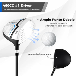 Set Completo di Mazze da Golf con Sacca a Treppiede, Include con Driver 1 da 460CC, Legno 3, Ibrido, Ferri 5, 6, 7, 8, 9, P, S, Putter e Copertura Antipioggia per Destrimani