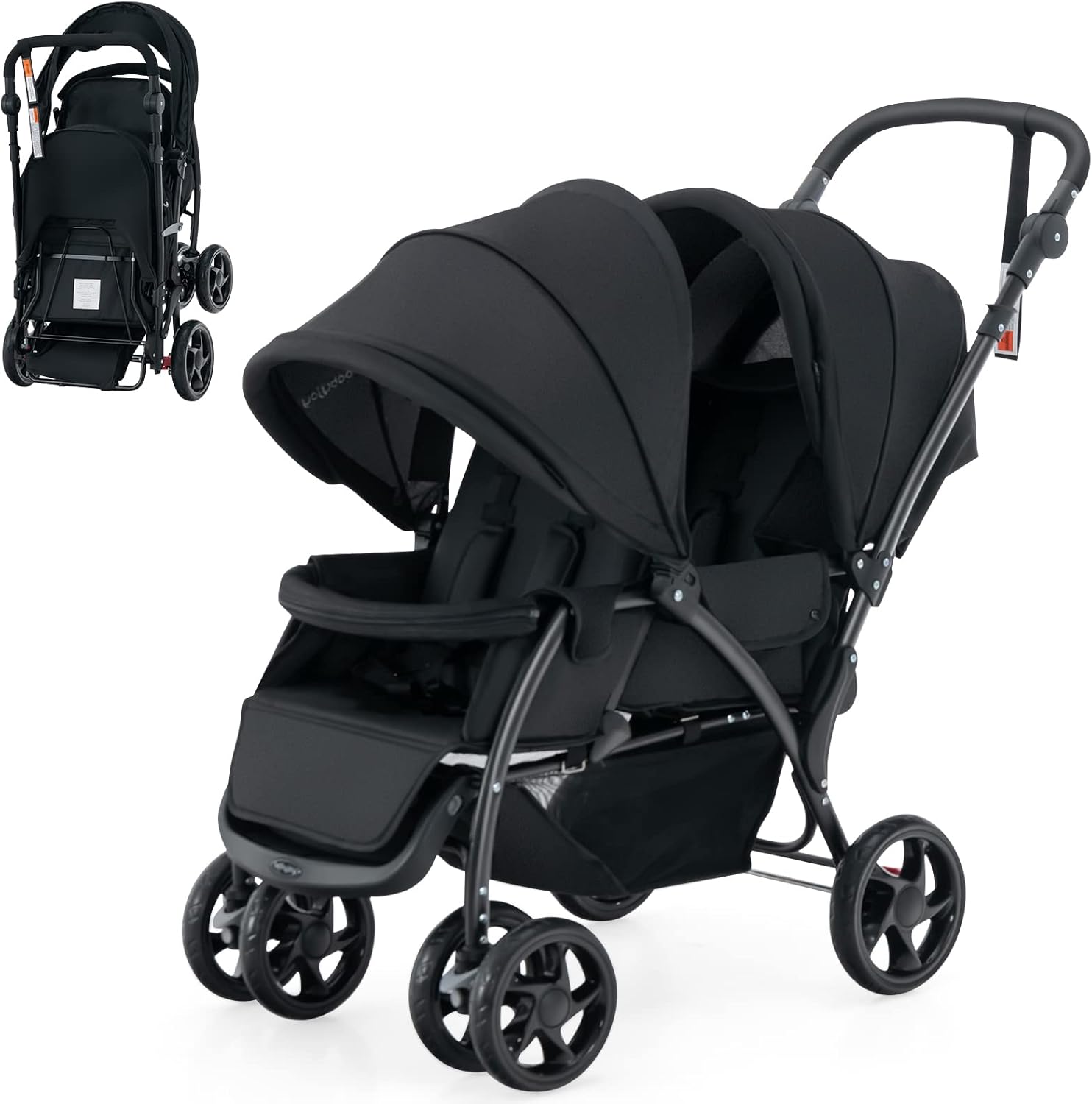 Passeggino Doppio Pieghevole per Bambini, Passeggino Gemellare Pieghevole, con Seduta in Tandem e Tettuccio, Schienale Regolabile, Ruote Bloccabili e Antiurto, Portata Totale 30 kg (Nero)