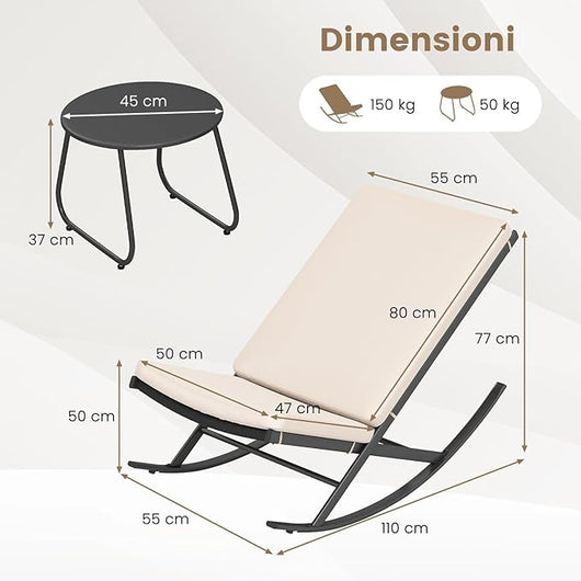 Set 3 Pezzi Sedie a Dondolo, Sedie in Rattan PE con Tavolino in Metallo e Cuscini Spessi, Set di Mobili da Giardino per Balcone e Bordo Piscina