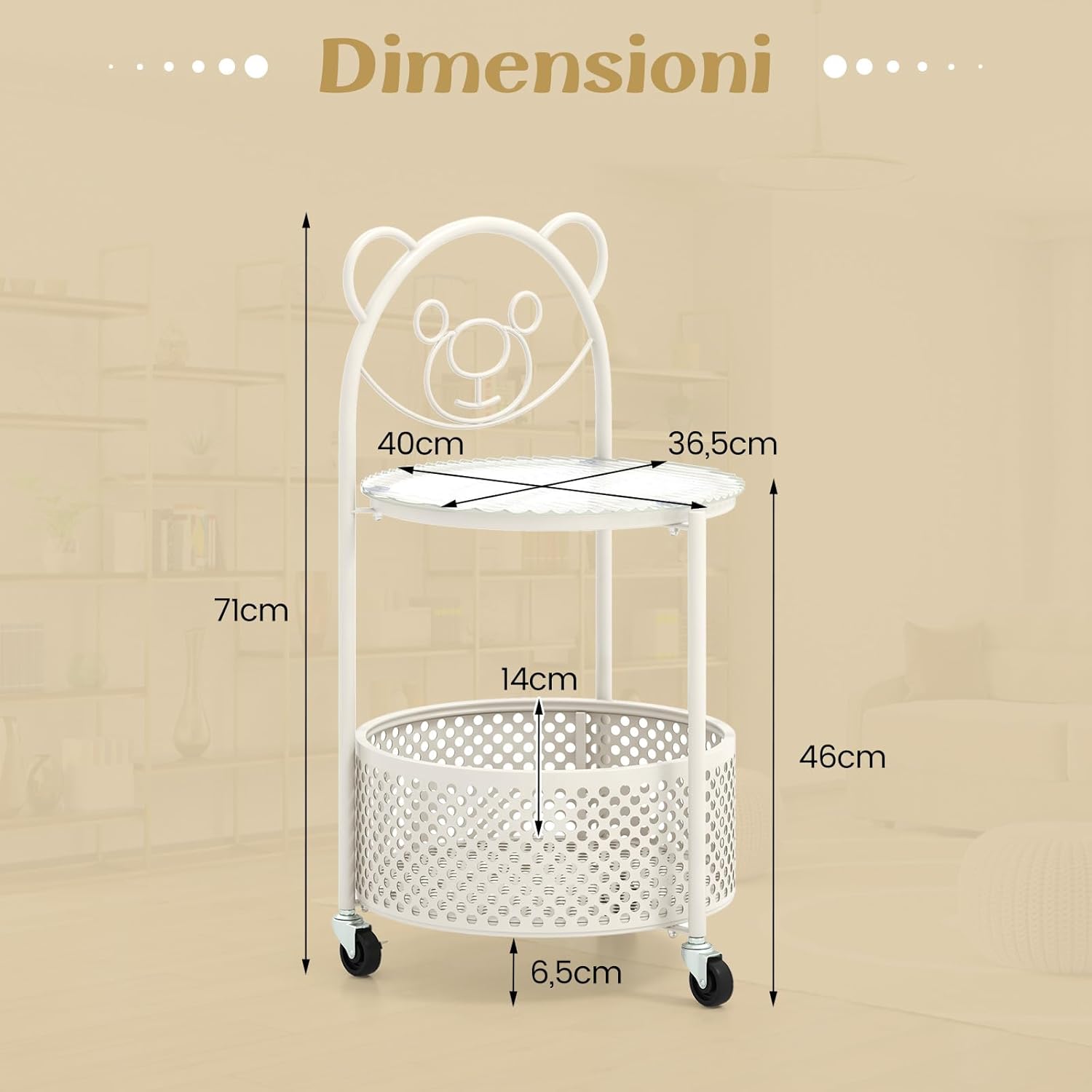 Tavolino da Caffè in Vetro, Tavolino Laterale a 2 Piani con Ruote, Motivo ad Orso, Cestino e Struttura in Metallo, Tavolino per Soggiorno, Camera da Letto e Studio (Bianco)