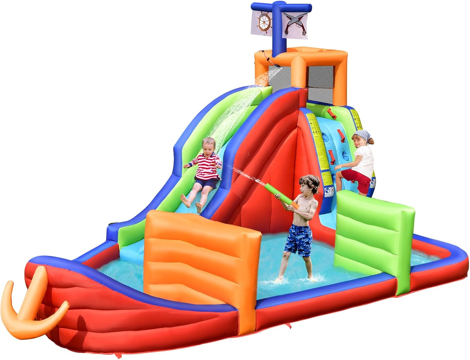 Castello Gonfiabile per Bambini 6 in 1, con Scivolo, Parete per Arrampicarsi, Piscina, Freccette, Gioco di Lancio, Pistole Acquatiche e Borsa, Ideale per 3 Bambini con Età 3-10 Anni