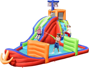 Castello Gonfiabile per Bambini 6 in 1, con Scivolo, Parete per Arrampicarsi, Piscina, Freccette, Gioco di Lancio, Pistole Acquatiche e Borsa, Ideale per 3 Bambini con Età 3-10 Anni