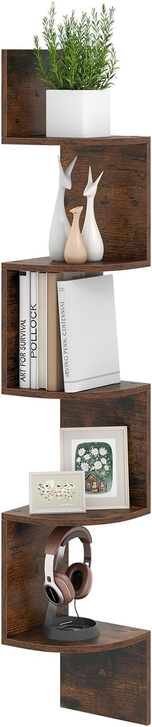 Scaffale Angolare a 5 Livelli, Scaffale Sospeso a Muro, Organizzatore di Stoccaggio a Parete, Espositore in Legno per Soggiorno Camera da Letto e Cucina, 20 x 20 x 126 cm (Marrone)