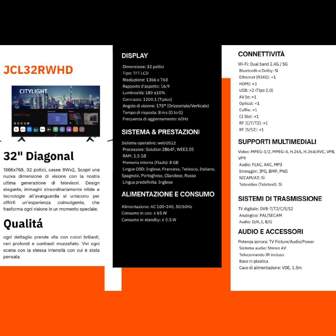 JCL Smart TV 32 Pollici HD Ready (720p), Sistema webOS TV 8.1, WiFi/Ethernet, Netflix & YouTube, Triplo HDMI, DVB-T/T2/C/S/S2, Attacco VESA