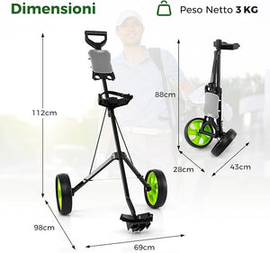 Carrello da Golf Pieghevole con 2 Ruote, Carrello da Golf in Ferro con Tabellone Segnapunti, 140 x 63,5 x 113 cm, Nero(Verde)
