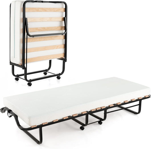 Brandina Pieghevole con Materasso in Schiuma, Lettino Pieghevole con 4 Ruote Girevoli, Struttura Resistente in Metallo, per Casa Ufficio, Carico Massimo 220kg