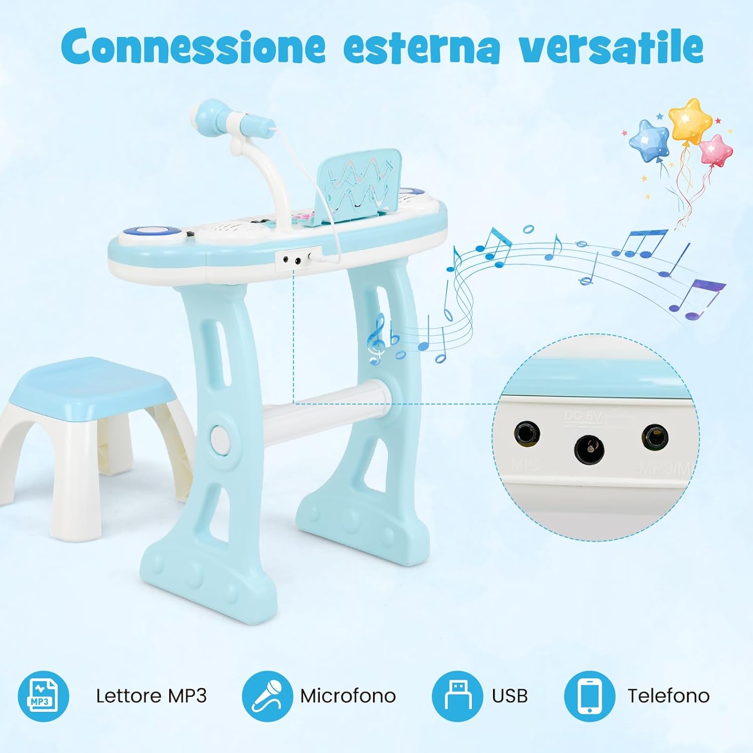 Tastiera Pianoforte a 37 Tasti per Bambini, Piano Elettronico per Bambini con Microfono, Sgabello e Supporto per Spartiti, 8 Ritmi e 8 Strumenti, per Bambini 18+ Mesi (Blu)