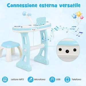 Tastiera Pianoforte a 37 Tasti per Bambini, Piano Elettronico per Bambini con Microfono, Sgabello e Supporto per Spartiti, 8 Ritmi e 8 Strumenti, per Bambini 18+ Mesi (Blu)