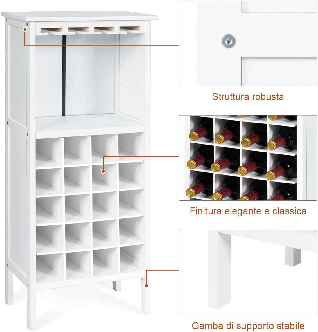 Cantinetta Portabottiglie in Legno, Scaffale per Vino con Portabicchiere/Calici, Portavino per 20 Bottiglie e 4 Calici, 42 x 24.5 x 96 cm (Bianco)