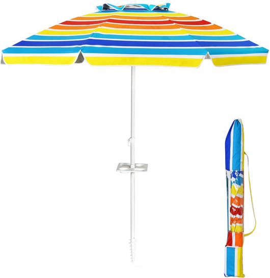 Ombrellone da Spiaggia 200 x 220 cm, Ombrellone da Mare con Inclinazione Regolabile, con Vassoio, 8 Stecche, Protezione UV, Impermeabile, Borsa di Trasporto (Colorato)
