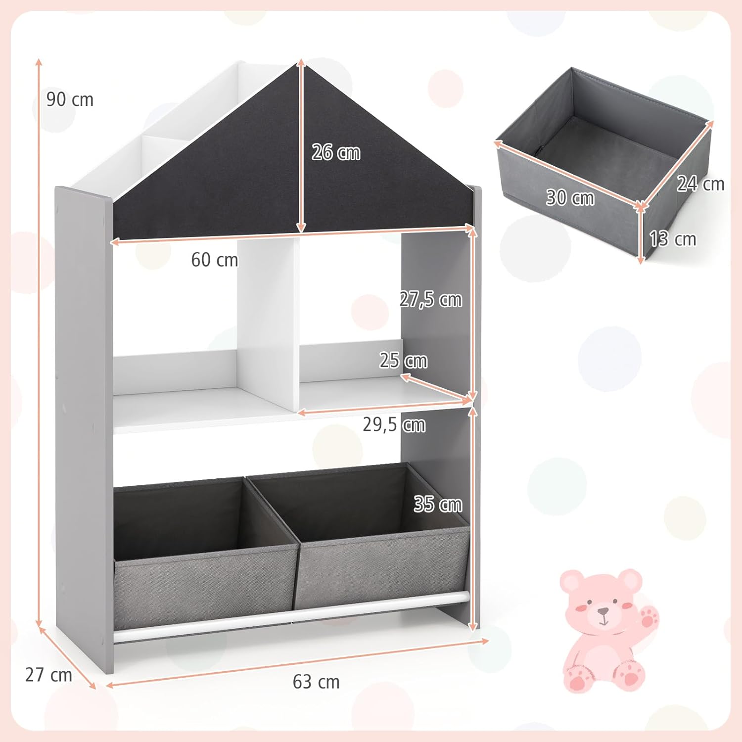 Libreria per Bambini, Organizzatore in Legno a Forma di Casa Bambole, con 2 in 1 Lavagne 4 Scomparti 2 Ripiani e 2 Cassetti, per Stanza Giochi Camera da Letto, 63x27x90 cm (Grigio)