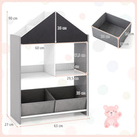 Libreria per Bambini, Organizzatore in Legno a Forma di Casa Bambole, con 2 in 1 Lavagne 4 Scomparti 2 Ripiani e 2 Cassetti, per Stanza Giochi Camera da Letto, 63x27x90 cm (Grigio)