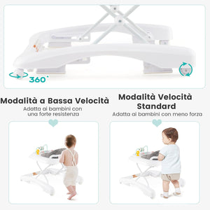 3 in 1 Girello per Bambini, Girello Pieghevole per Bambini, con 3 Altezze Regolabili, Sedile Imbottito e Piatto Giocattolo Rimovibile, Girello a Spinta con Ruote, per Bambini 6+ Mesi (Grigio)