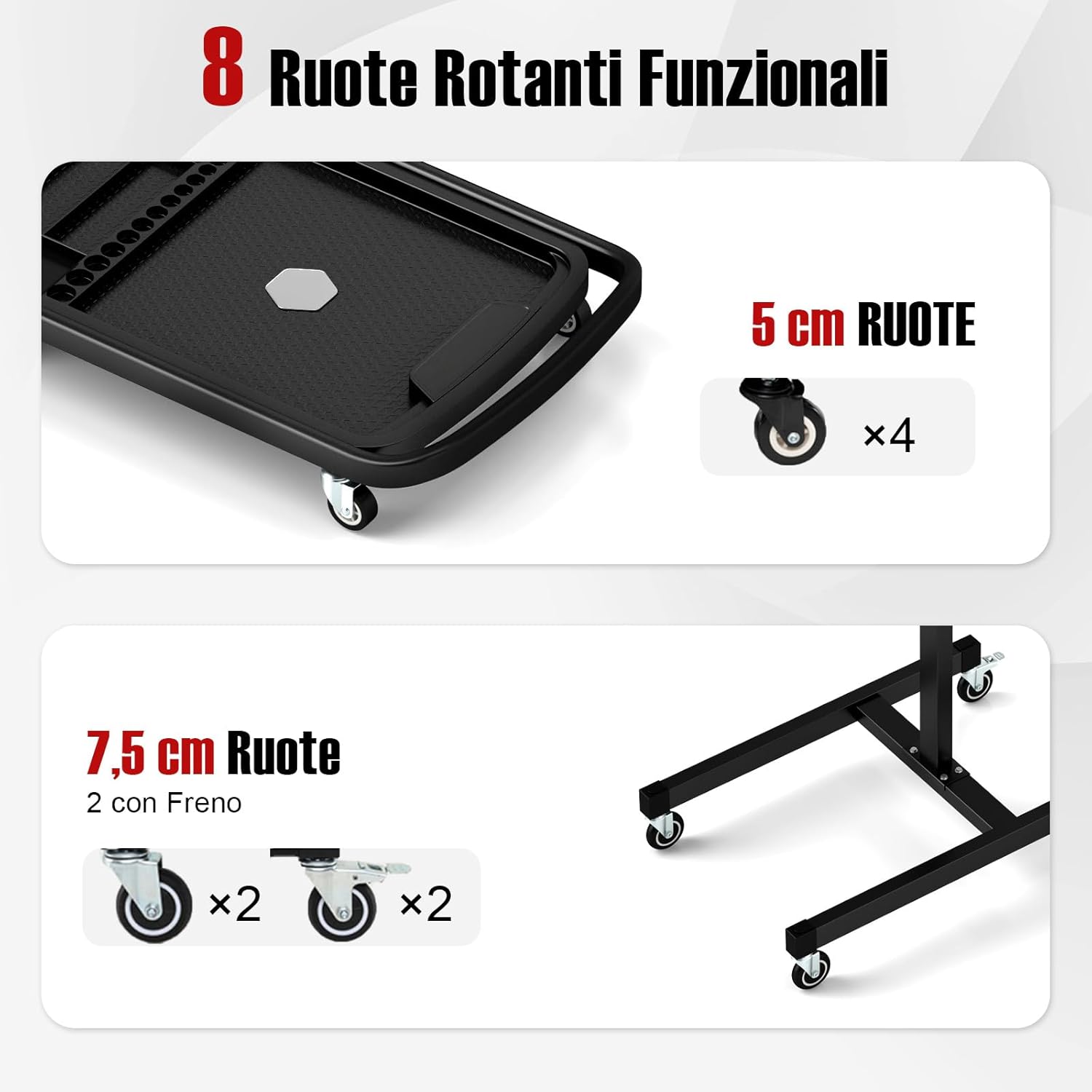 Vassoio Organizer per Attrezzi 2-in-1 con 4 Ruote, Carrello Porta Attrezzi Regolabile in Altezza con Vassoio, Carrello per Attrezzi da Meccanico Portatile per Garage e Officina, Nero