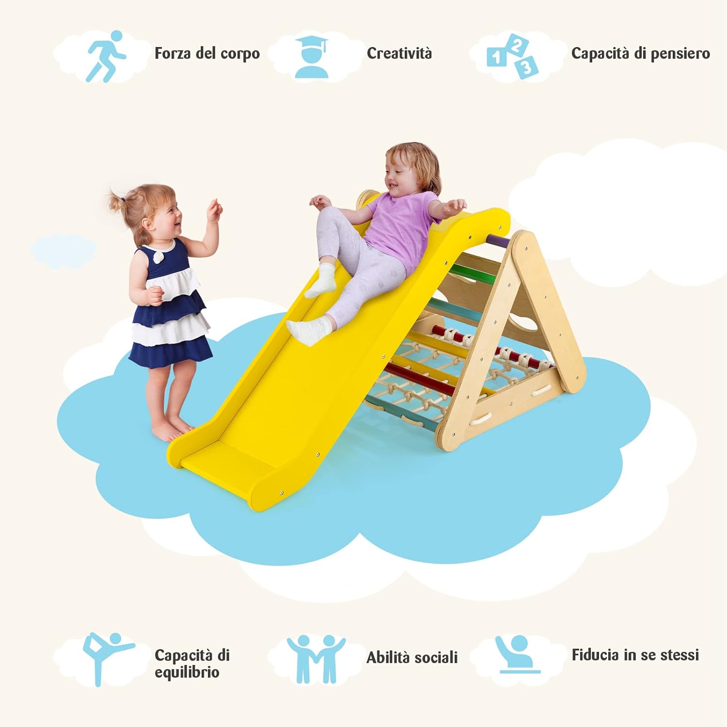 Set 4 in1 Arrampicata per Bambini, Arrampicata a Triangolo con Scivolo, Set di Arrampicata in Legno per Interni e Esterni con Rete di Arrampicata, Carico 50kg, 1 Anni+ (Colorato)