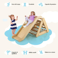 Set 4 in1 Arrampicata per Bambini, Arrampicata a Triangolo con Scivolo, Set di Arrampicata in Legno per Interni e Esterni con Rete di Arrampicata, Carico 60kg, 1 Anni+ (Naturale)