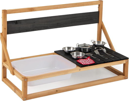 Cucina Giocattolo per Giardino in Legno di Abete, Cucina per Fango da Esterno per Bambini con Ganci, Lavagna e Lavandino, Set Cucina con 9 Accessori, 81 x 36 x 49 cm, per Bambini 3+ Anni