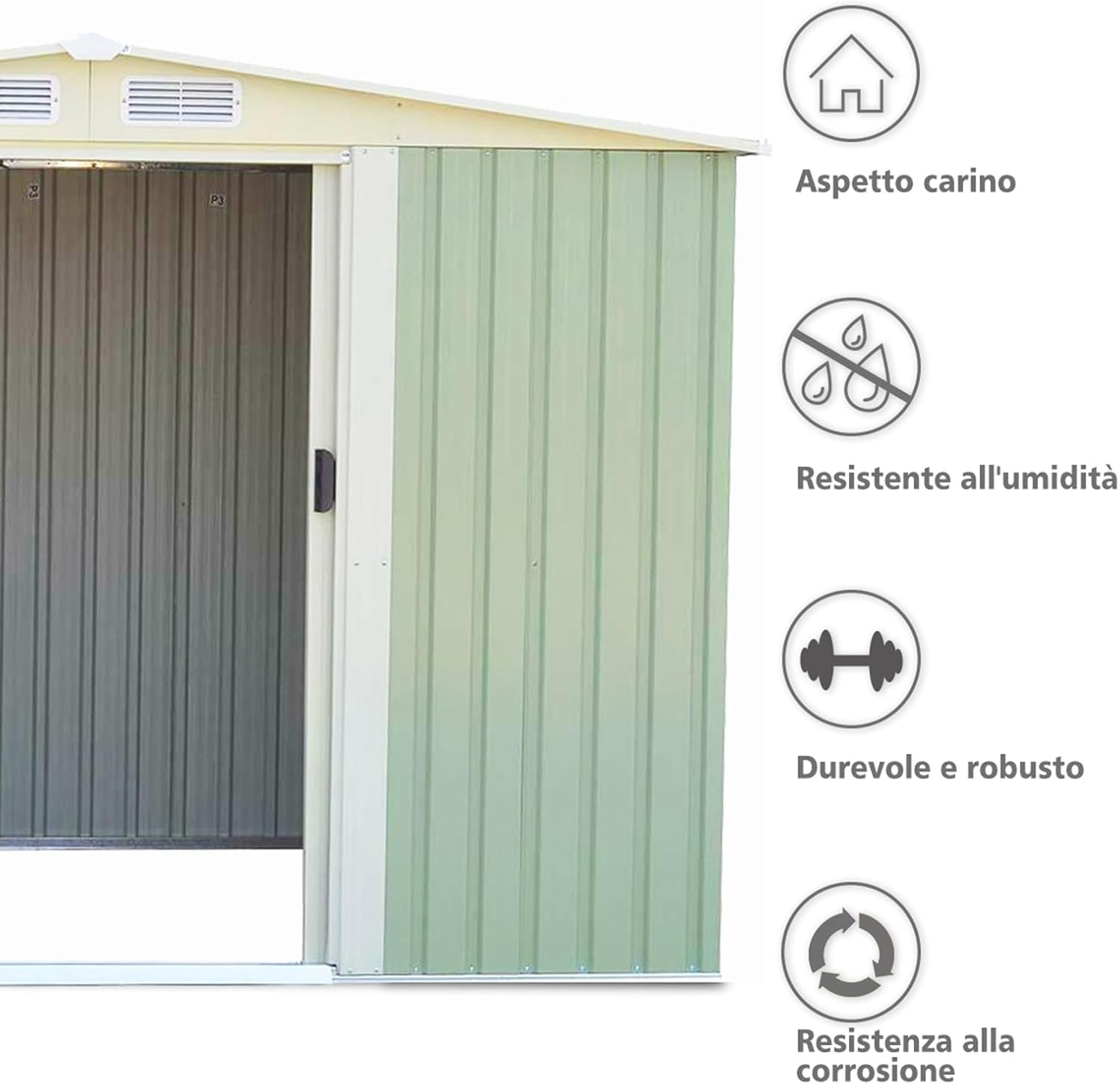 Casetta Porta Attrezzi, Capanni da Esterno con Porta Scorrevole e Tetto a Sella Galvanizzato con Ventilazione, Capannone da Giardino e Cortile, 257 x 205 x 175,5 cm