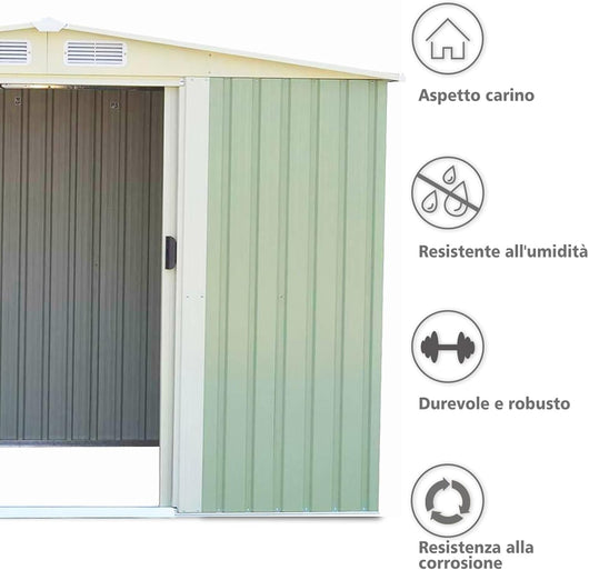 Casetta Porta Attrezzi, Capanni da Esterno con Porta Scorrevole e Tetto a Sella Galvanizzato con Ventilazione, Capannone da Giardino e Cortile, 257 x 205 x 175,5 cm