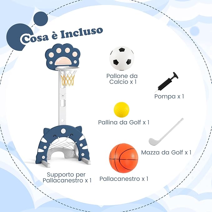 3 in 1 Canestro da Basket per Bambini, con Canestro Calcio e Golf, Cerchio Rimovibile e Pieghevole, Set da Gioco Regolabile per Interno ed Esterno, 3 Anni+ (Blu Scuro)