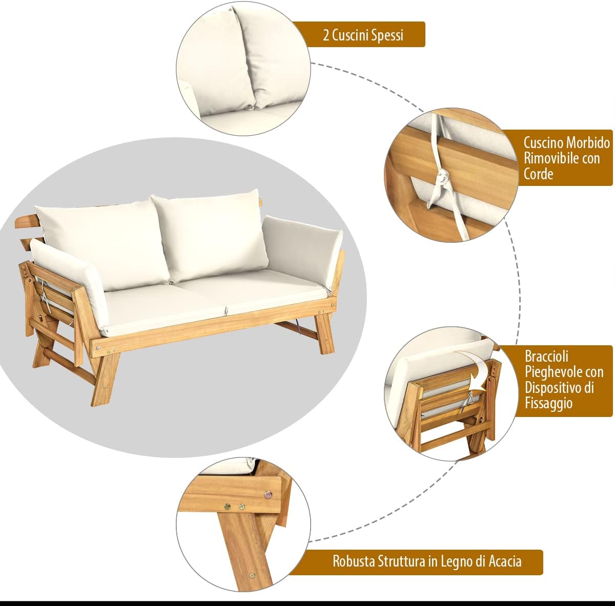 Divano Letto 2 Posti da Esterno in Legno di Acacia con Braccioli Regolabili, Sdraio da Giardino con Cuscini, Chaise longue Pieghevole per Giardino, Piscina, Cortile (Bianco)